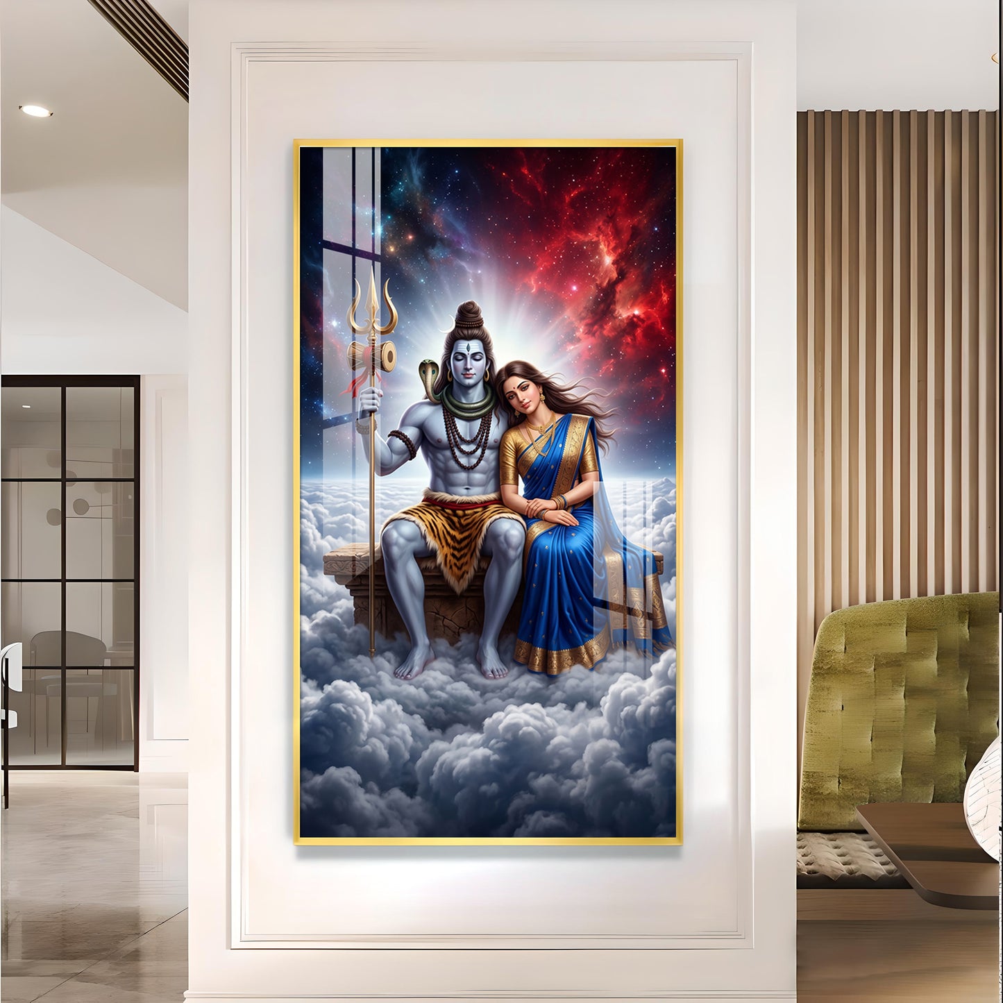 Hindu Deities Shiva & Parvati Glass Finish Vertical Wall Art