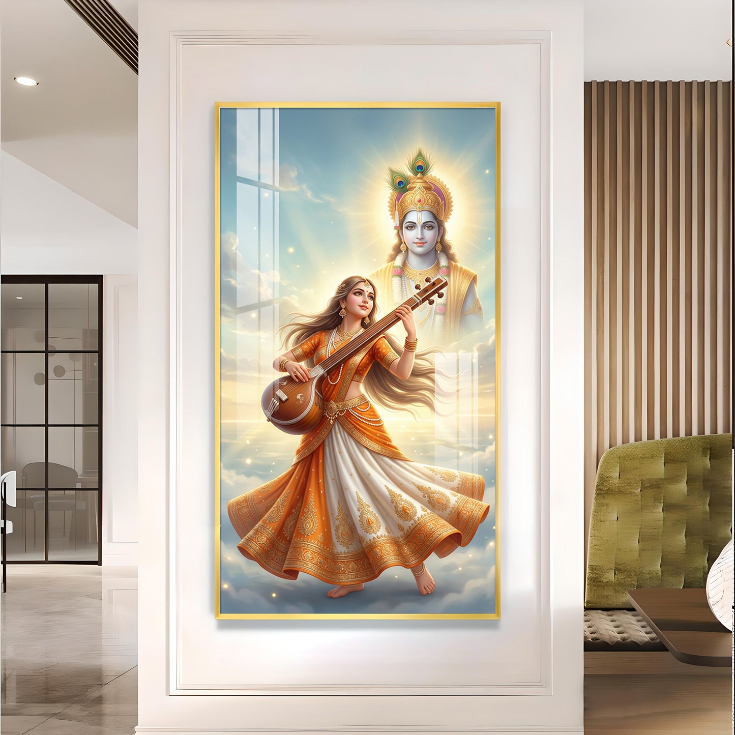 Divine Meera Bai with krishna Glass Finish Vertical Wall Art