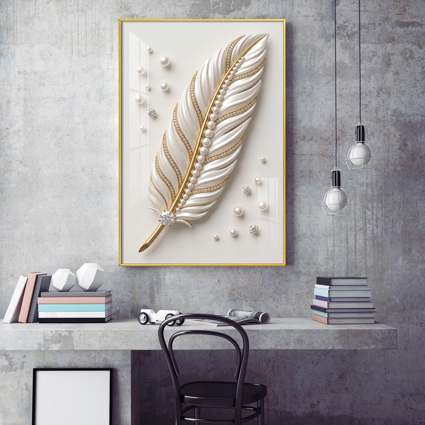 White & Gold Finish Feather Glass Finish Vertical Wall Art