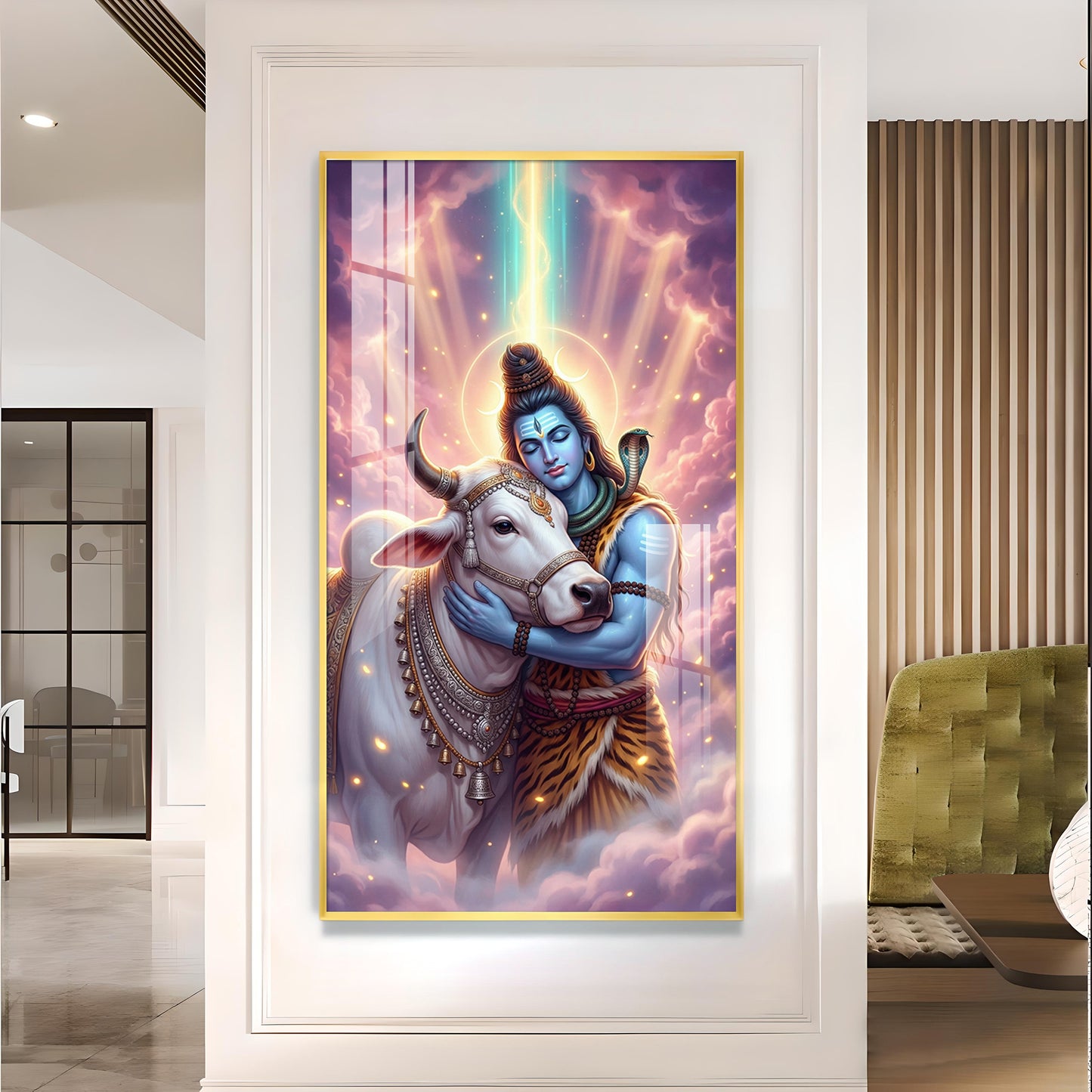 Lord Shiva and Nandi Glass Finish Vertical Wall Art