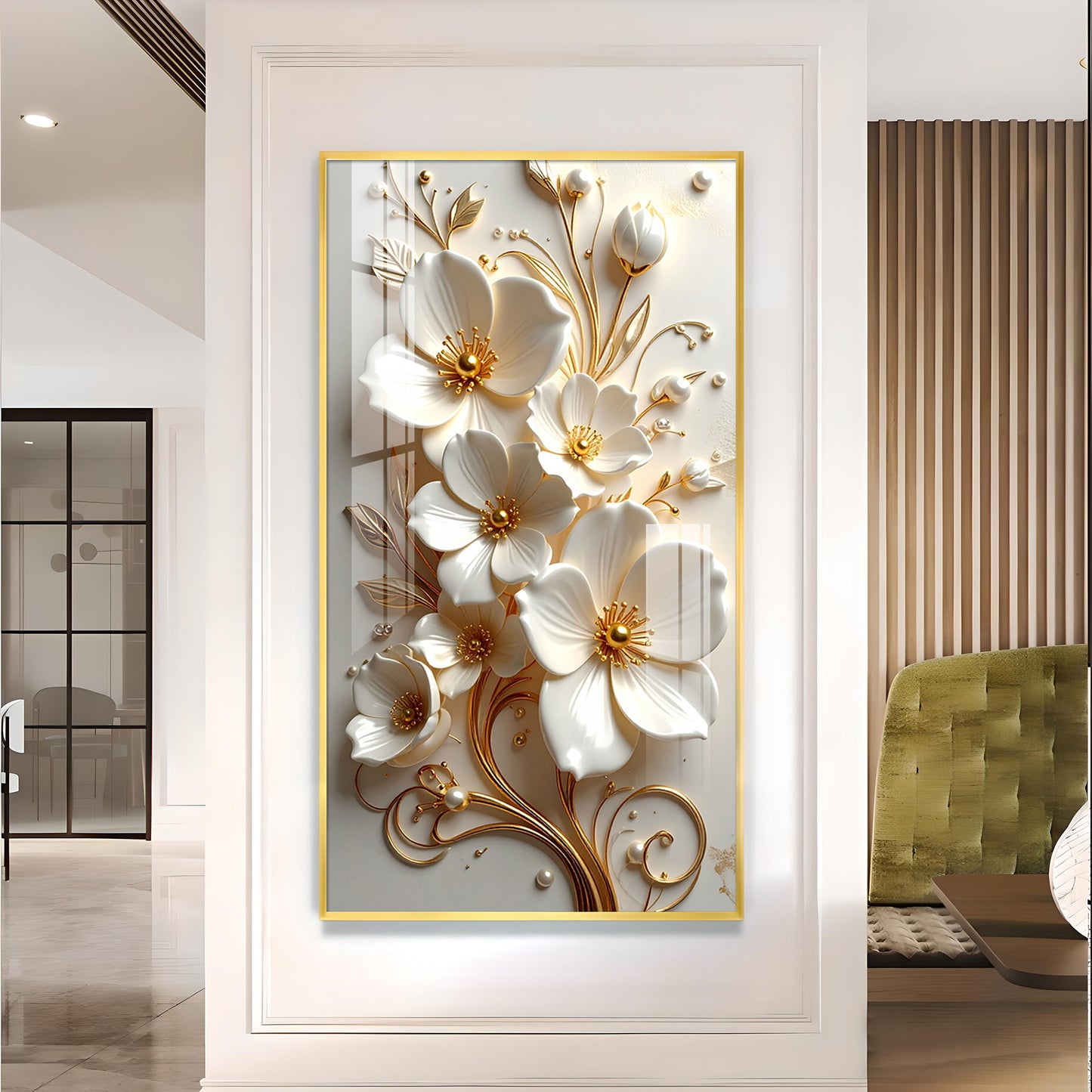 Pure Elegance Flora Glass Finish Vertical Wall Art