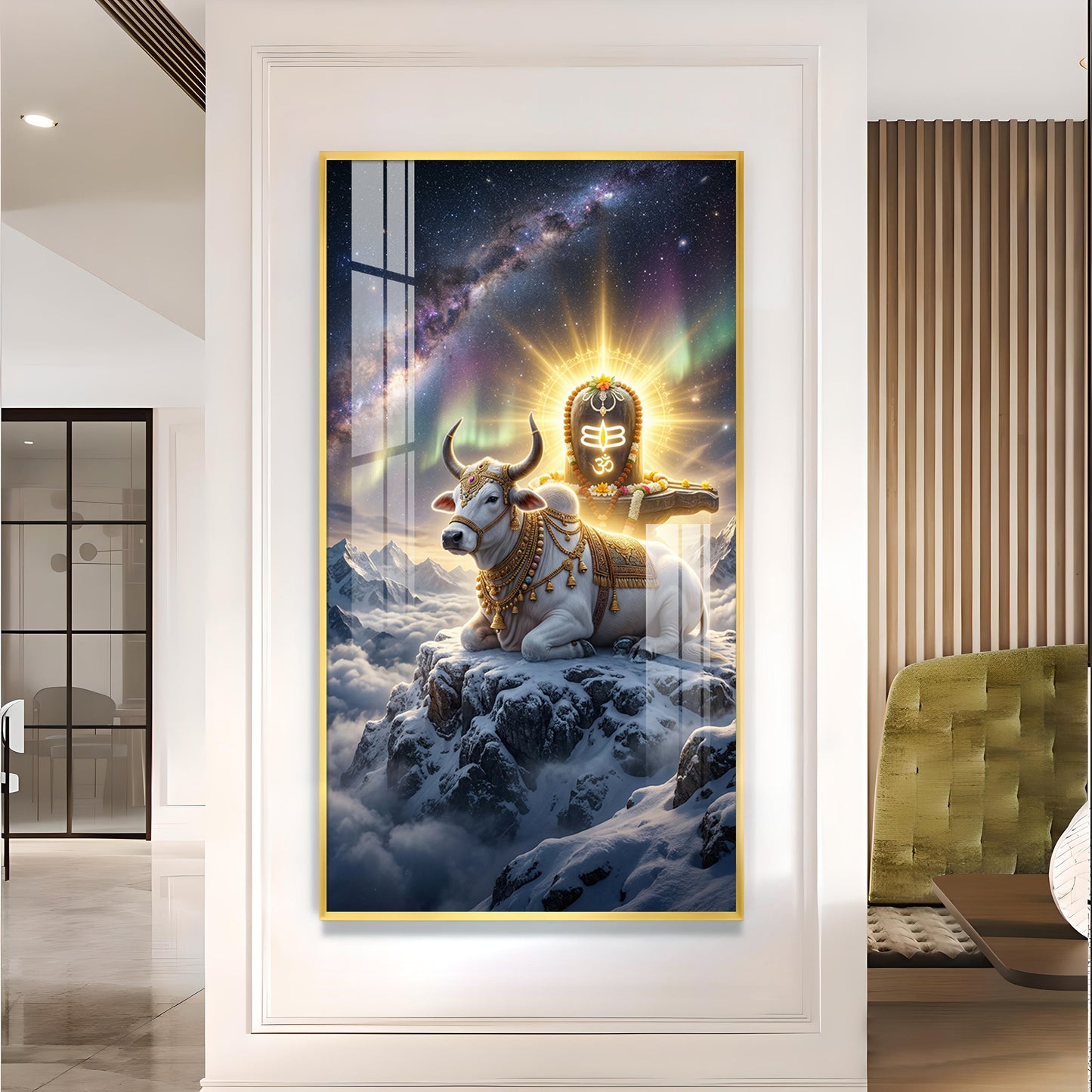 Mahadev With Nandi Glass Finish Vertical Wall Art
