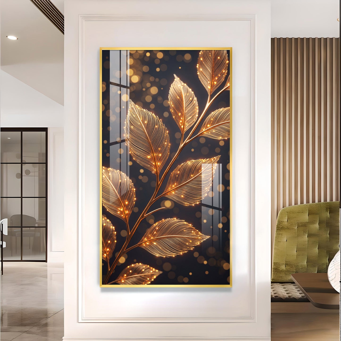 Sparkle Gold Foliage Leaves Glass Finish Vertical Wall Art