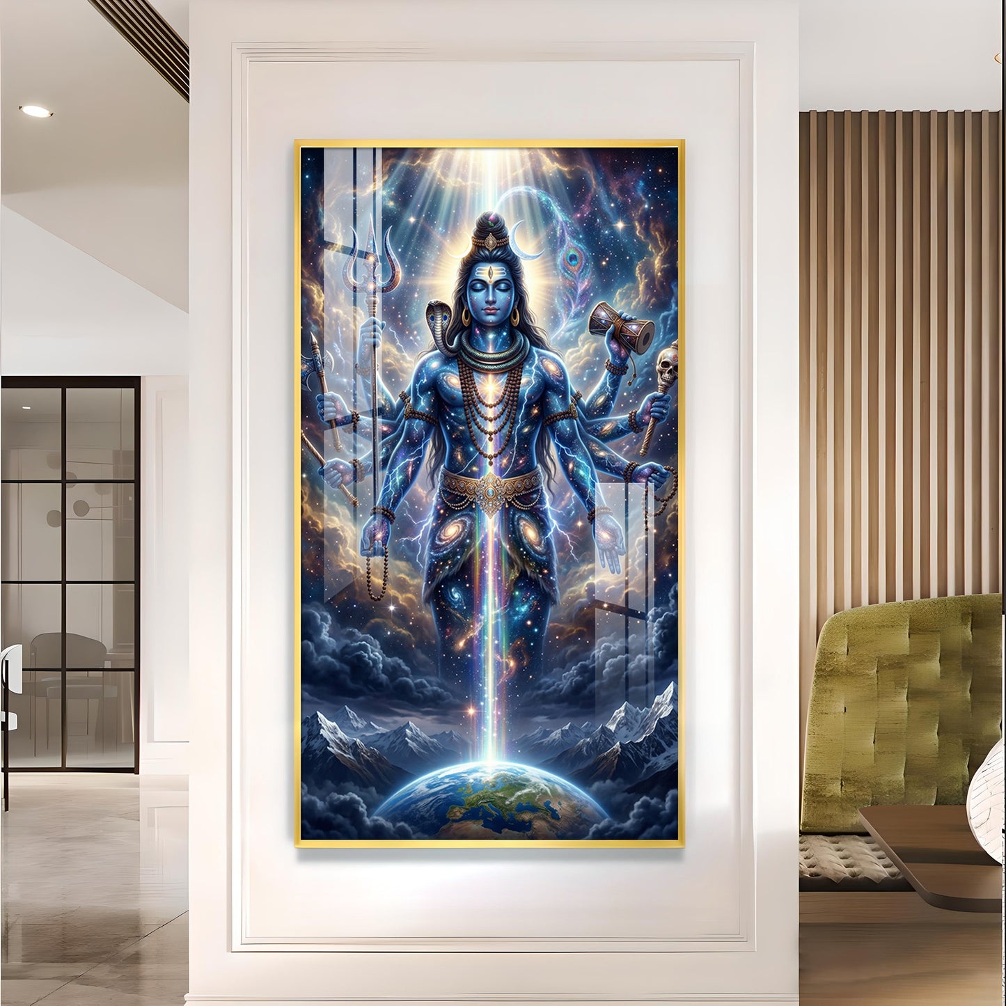Lord Shiva and Cosmic Energy Glass Finish Vertical Wall Art