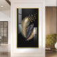 Black & Gold Feathers With Delicate Butterflies Glass Finish Vertical Wall Art