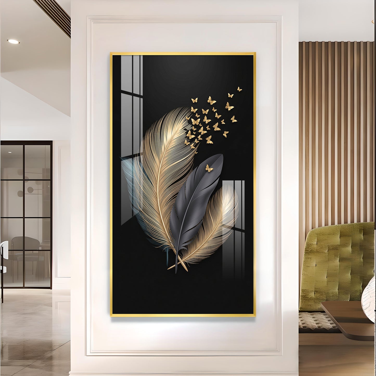Black & Gold Feathers With Delicate Butterflies Glass Finish Vertical Wall Art
