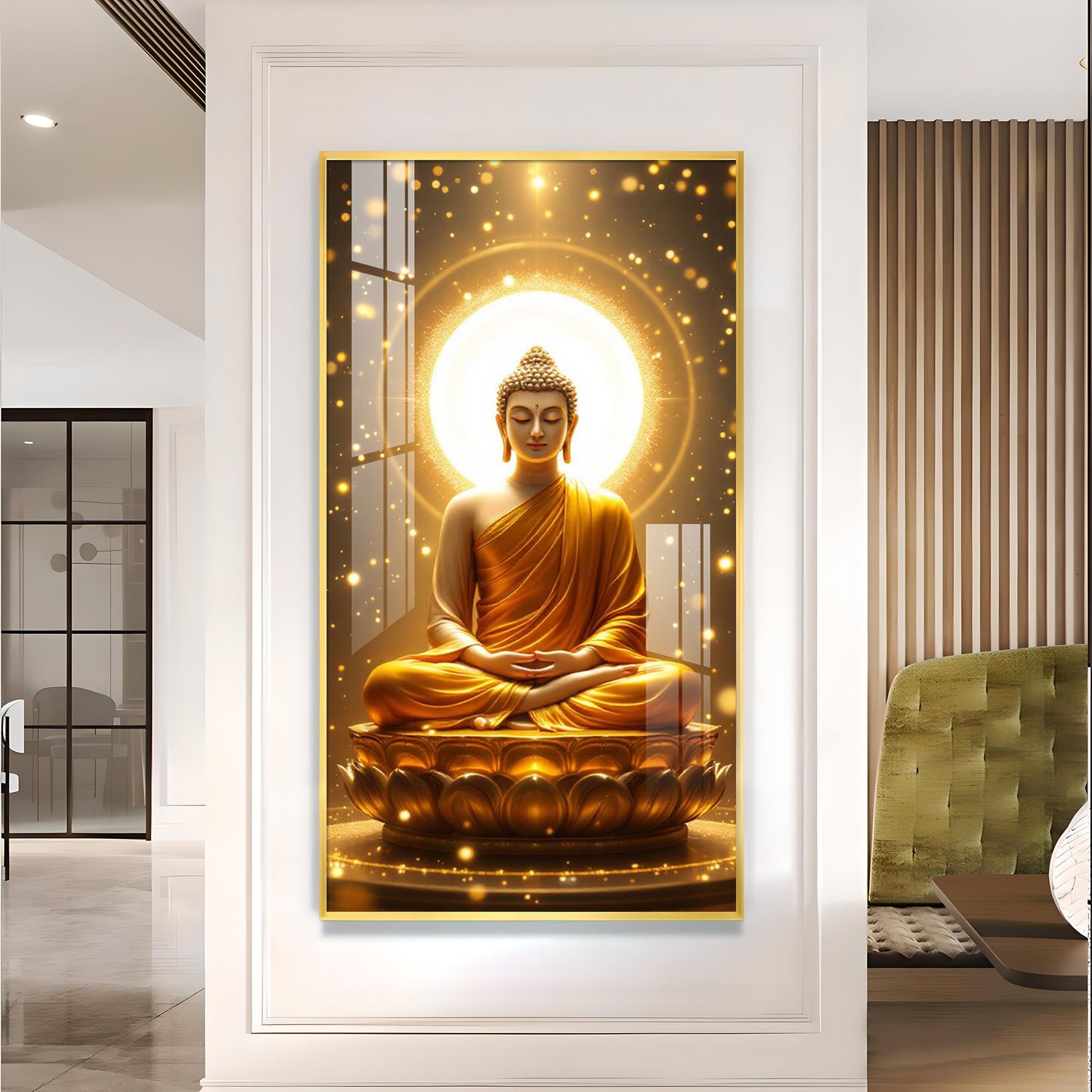 Meditating Gautam Buddha Glass Finish Vertical Wall Art