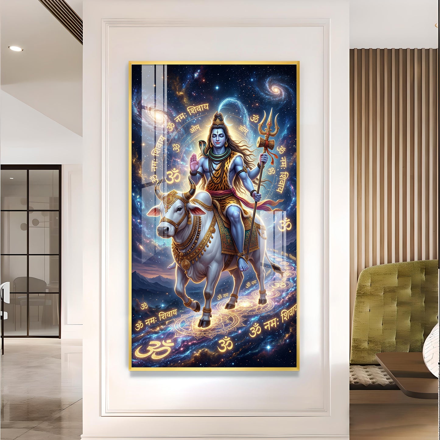 Lord Shiva With Nandi Glass Finish Vertical Wall Art