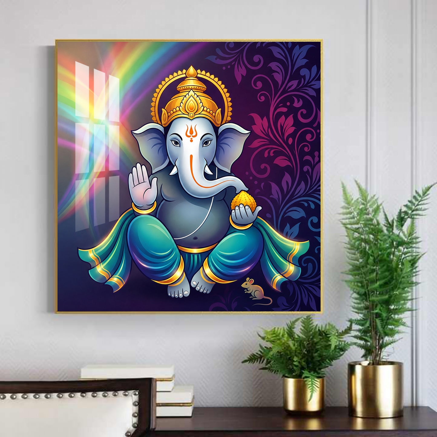 Hindu Deity Lord Ganesha Glass Finish Square Wall Art