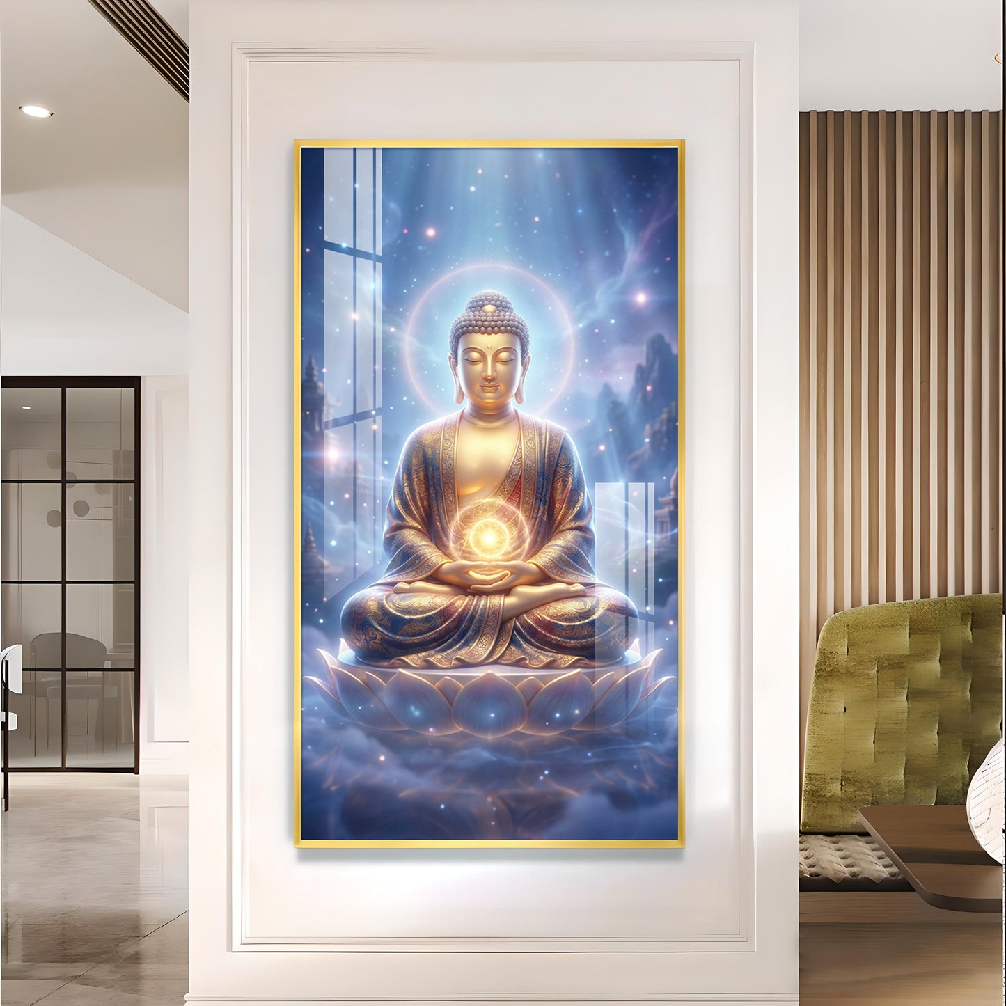 Meditating Lord Buddha Glass Finish Vertical Wall Art