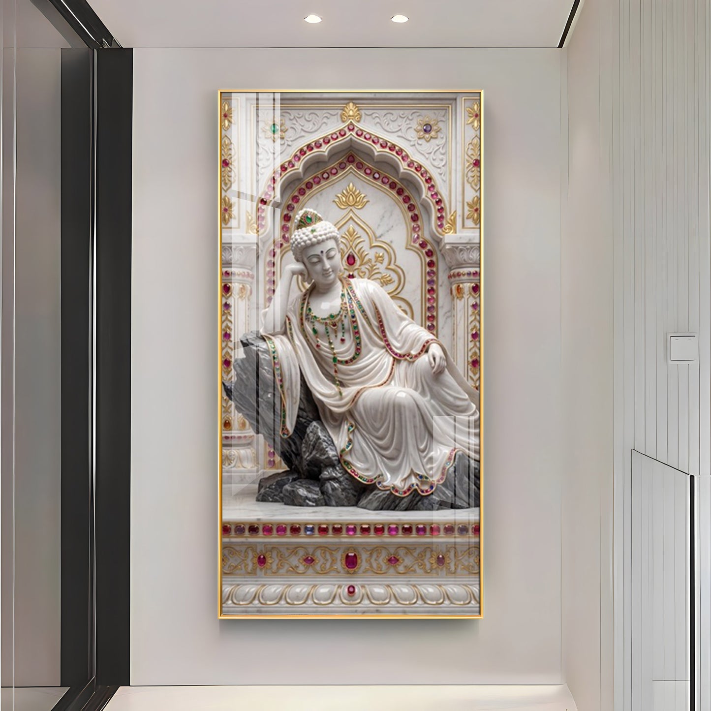 Elegant Buddha Glass Finish Vertical Wall Art