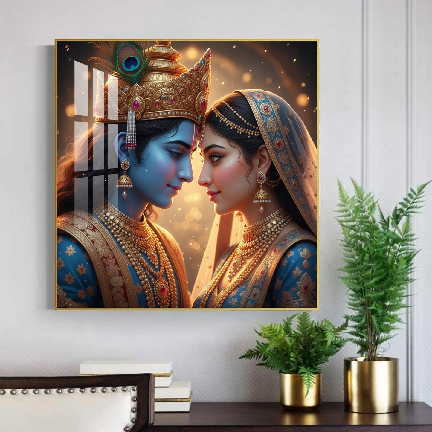 Divine Lord Radha and Krishna Glass Finish Square Wall Art