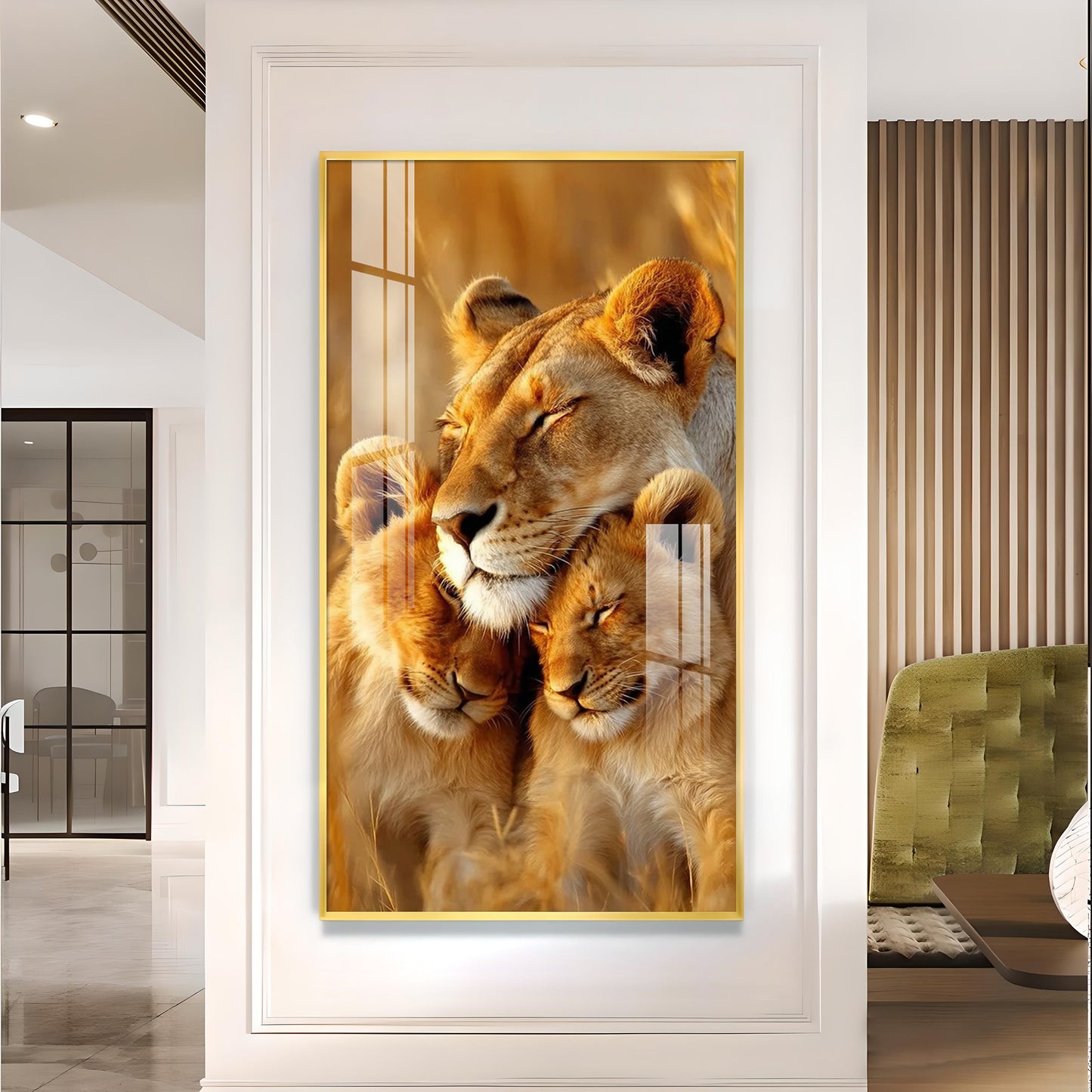 Lioness Cub Cuddling Glass Finish Vertical Wall Art