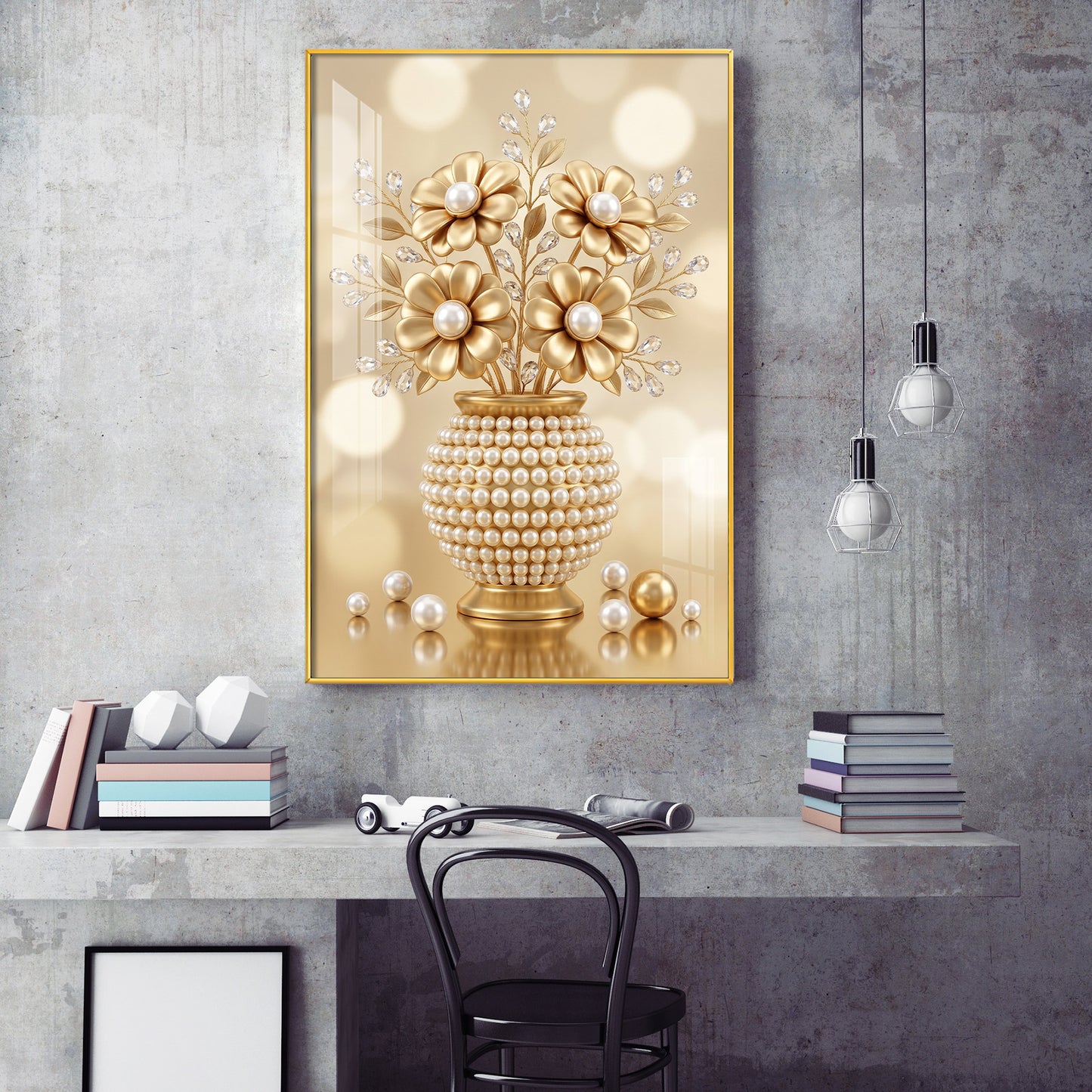 Golden Flowers With Vase Glass Finish Vertical Wall Art