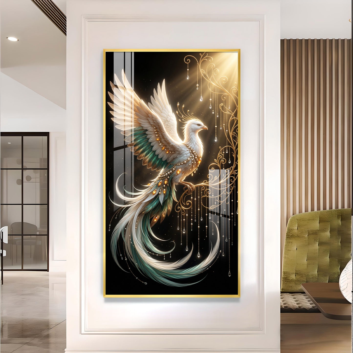 White Phoenix Glass Finish Vertical Wall Art