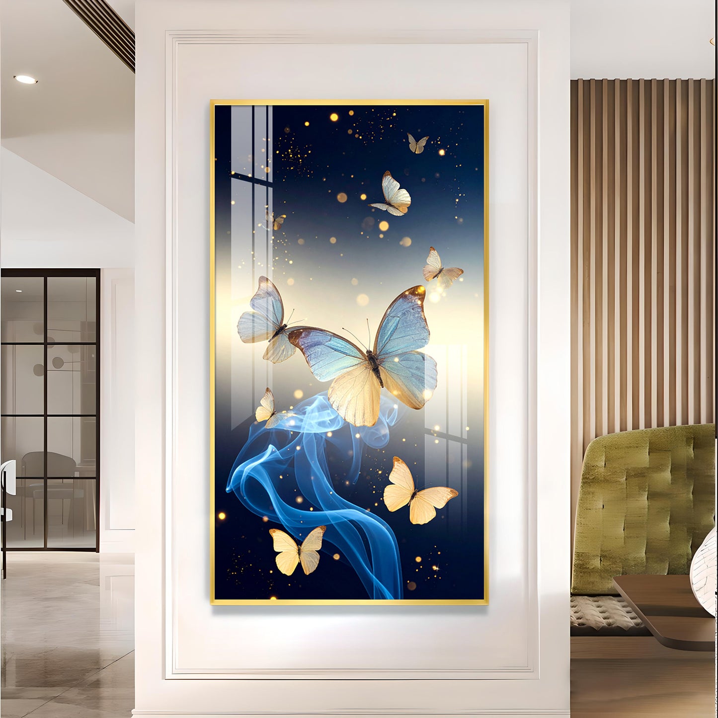 Azure Butterfly Dance Glass Finish Vertical Wall Art