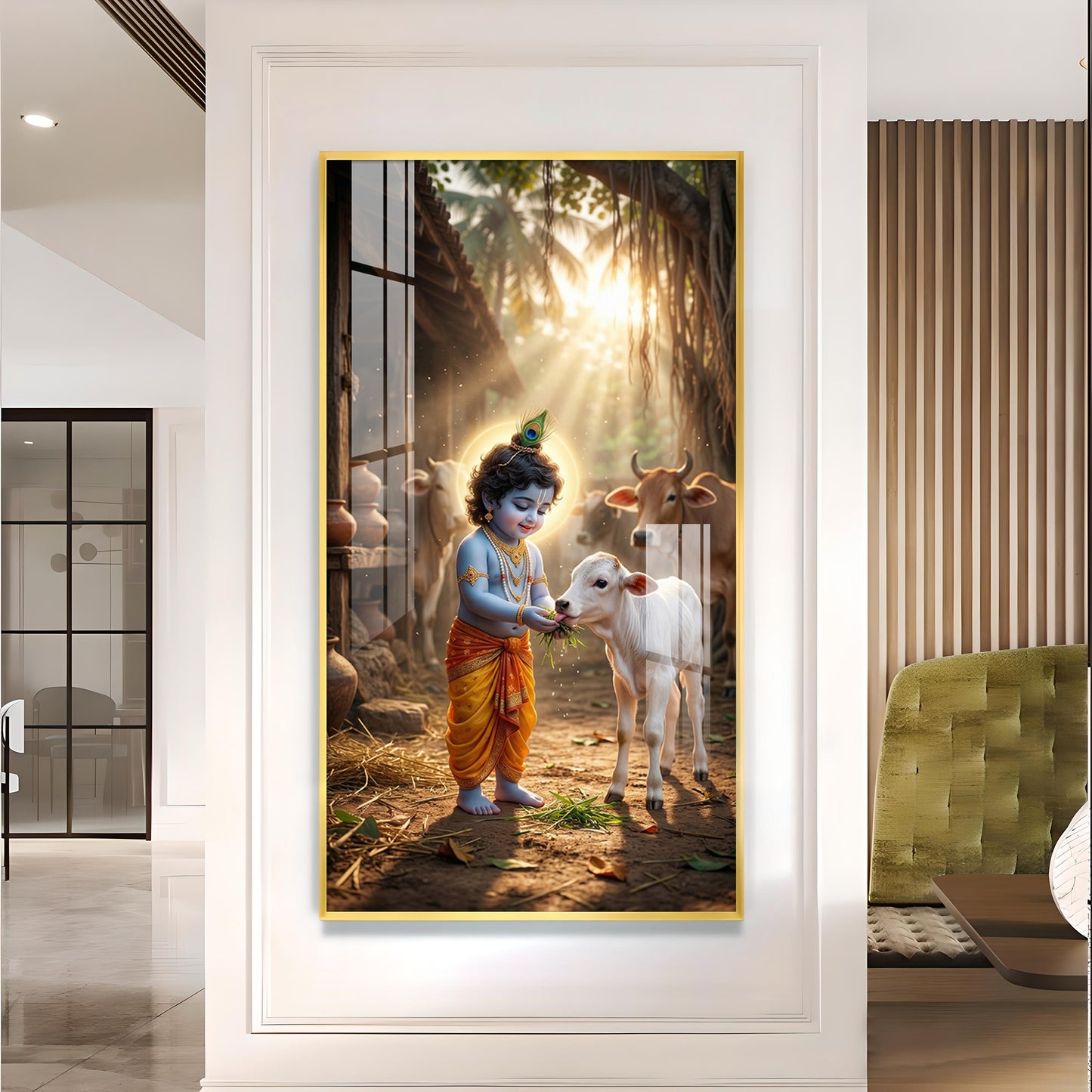 LIttle Krishna With Calf Glass Finish Vertical Wall Art
