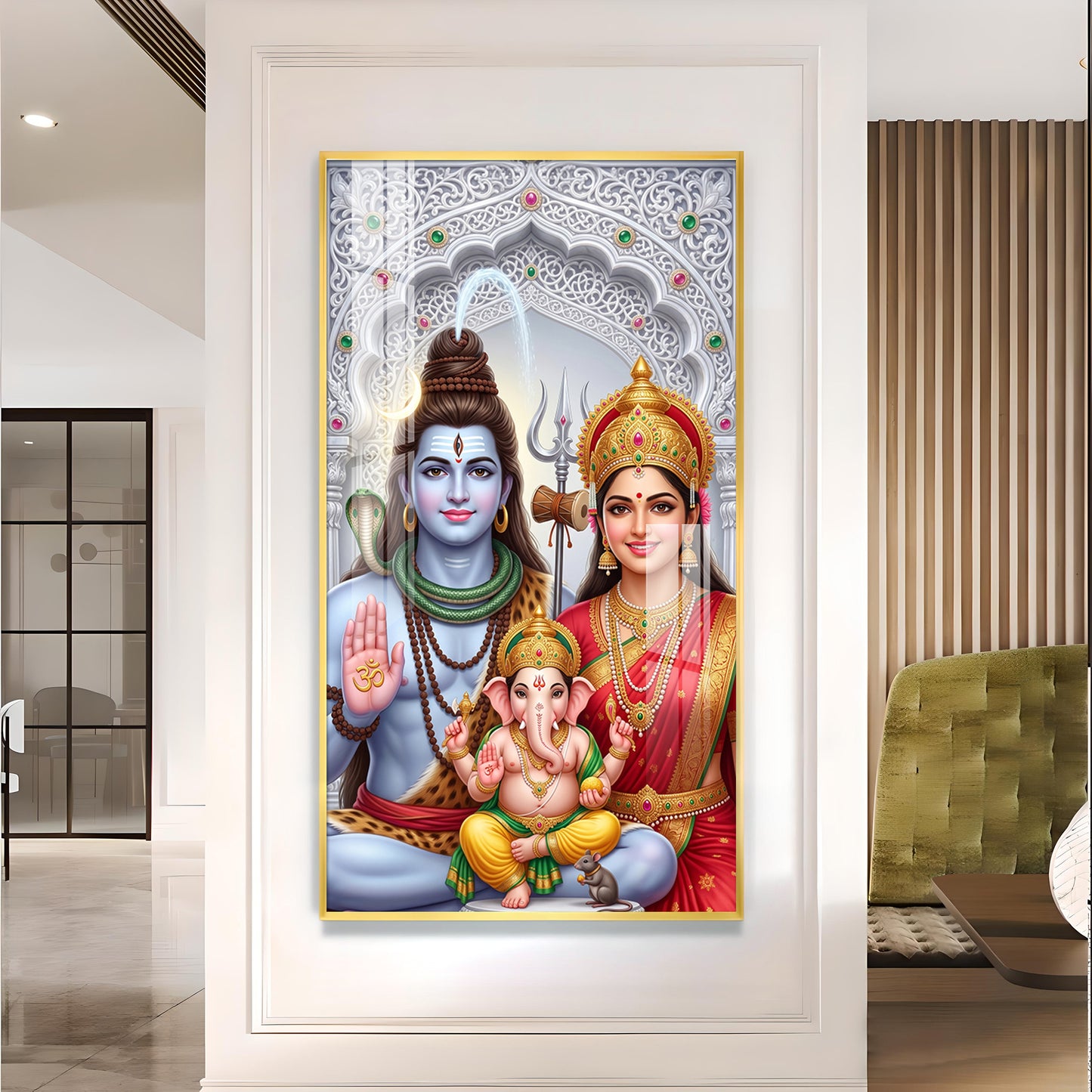 Hindu Deity Family Glass Finish Vertical Wall Art
