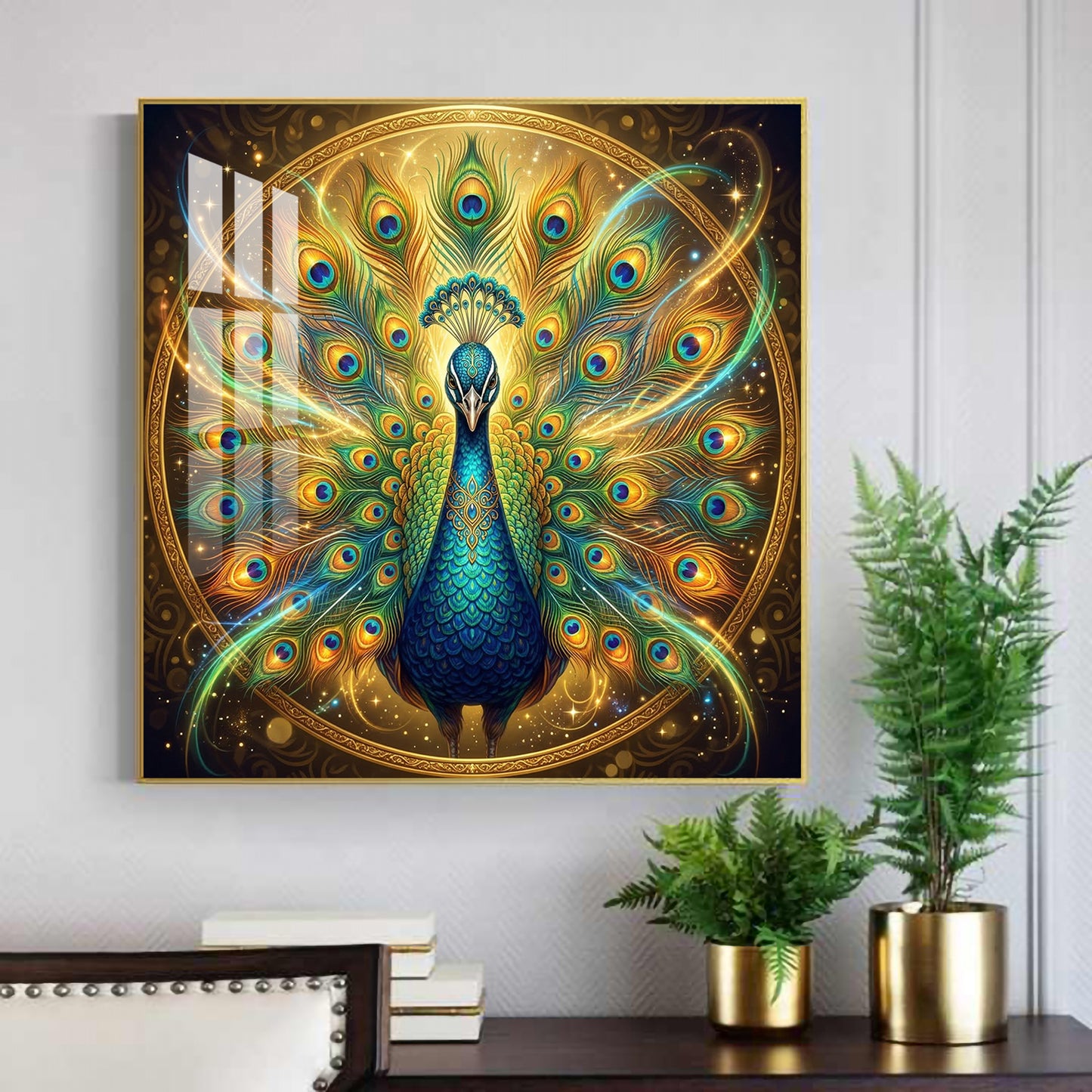 Style Peacock Glass Finish Square Wall Art