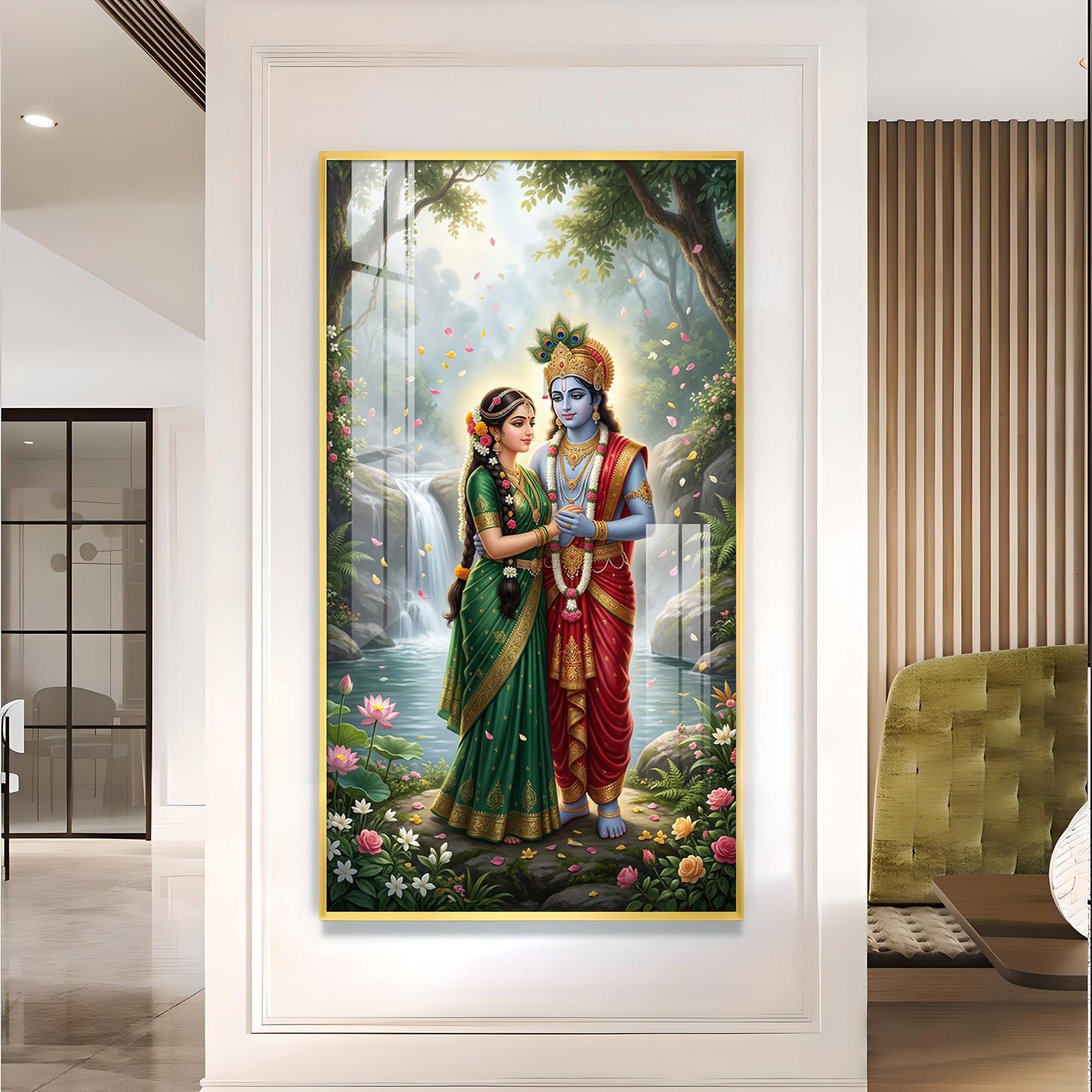 Radha Krishna Divine Aura Glass Finish Vertical Wall Art