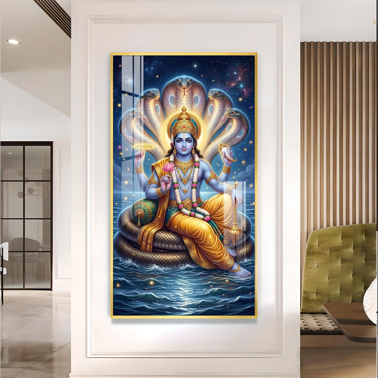 Lord Vishnu On Sheshnag Glass Finish Vertical Wall Art