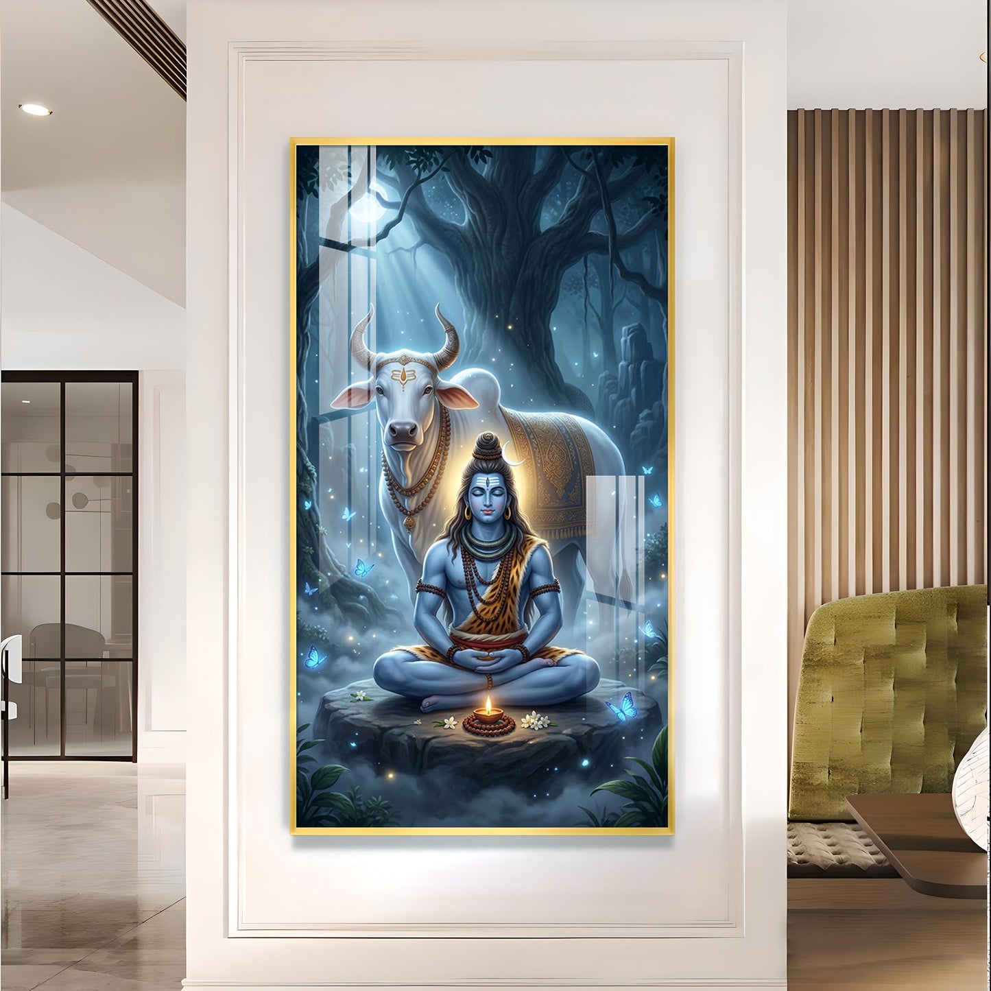 Meditating Lord Shiv With Nandi Glass Finish Vertical Wall Art