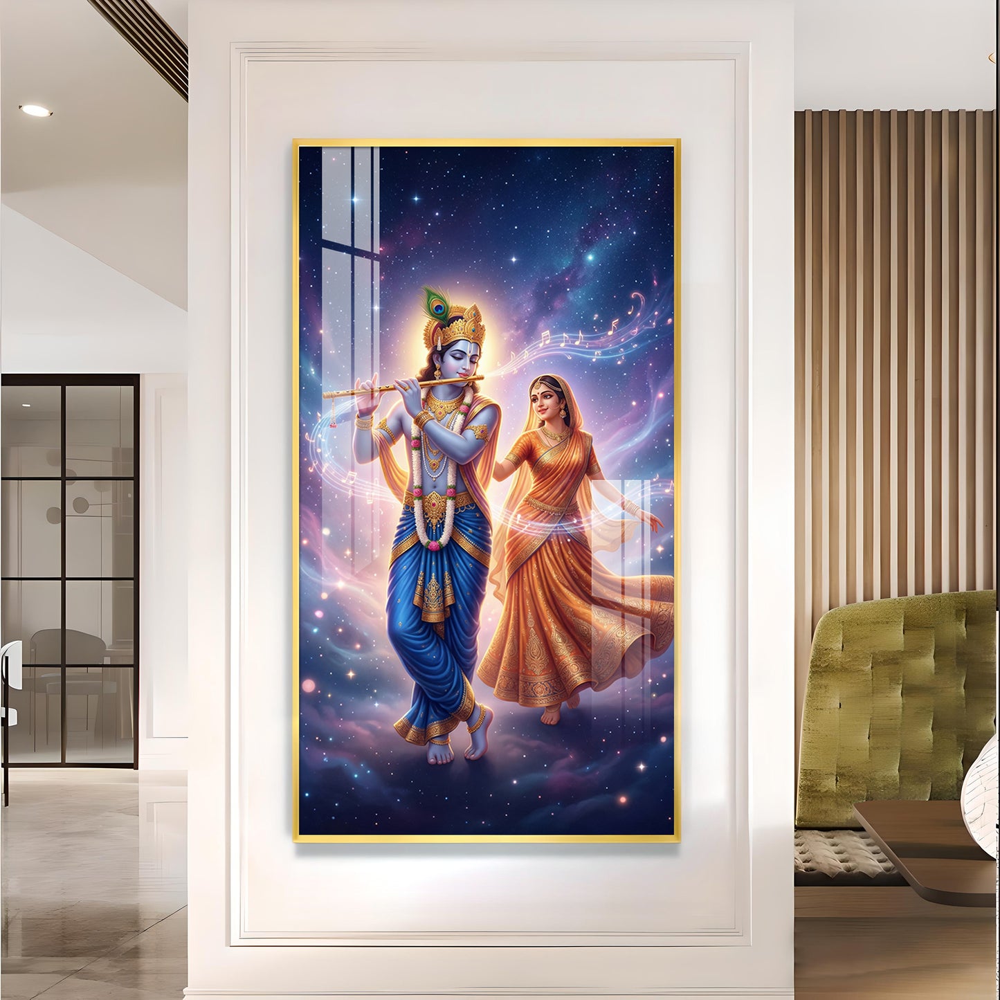 Radha Krishna Divine Glass Finish Vertical Wall Art