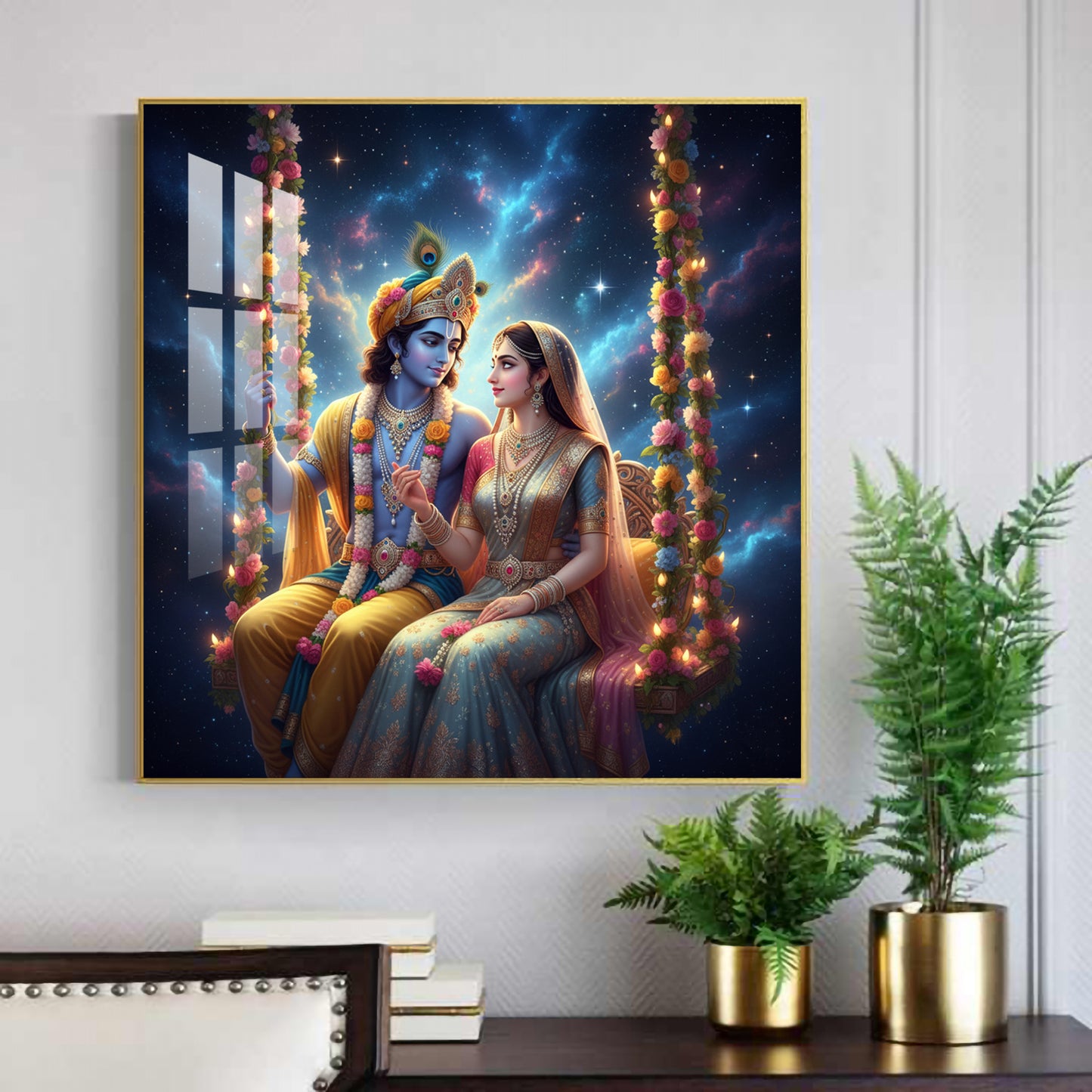 God Radha Krishna Glass Finish Square Wall Art