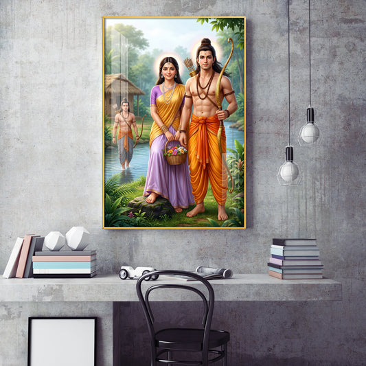 Lord Ram Siya With Lakshman Glass Finish Vertical Wall Art
