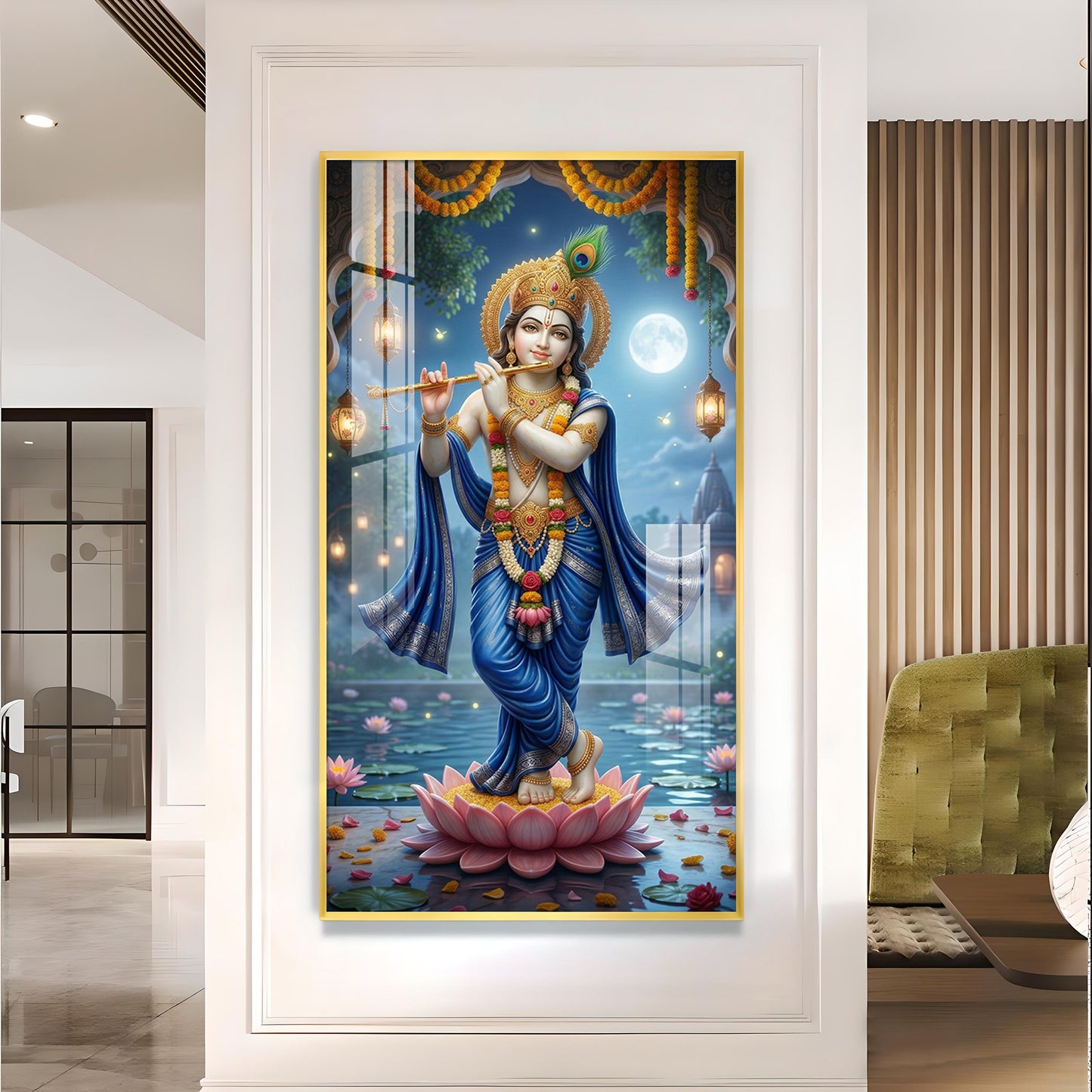 Lord Krishna With Flute Glass Finish Vertical Wall Art