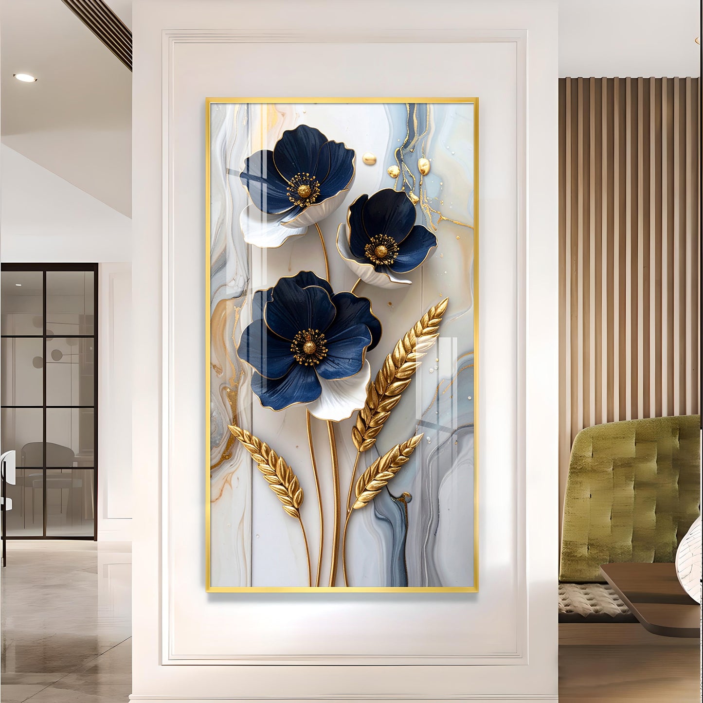 Blue & Gold Serenity Glass Finish Vertical Wall Art
