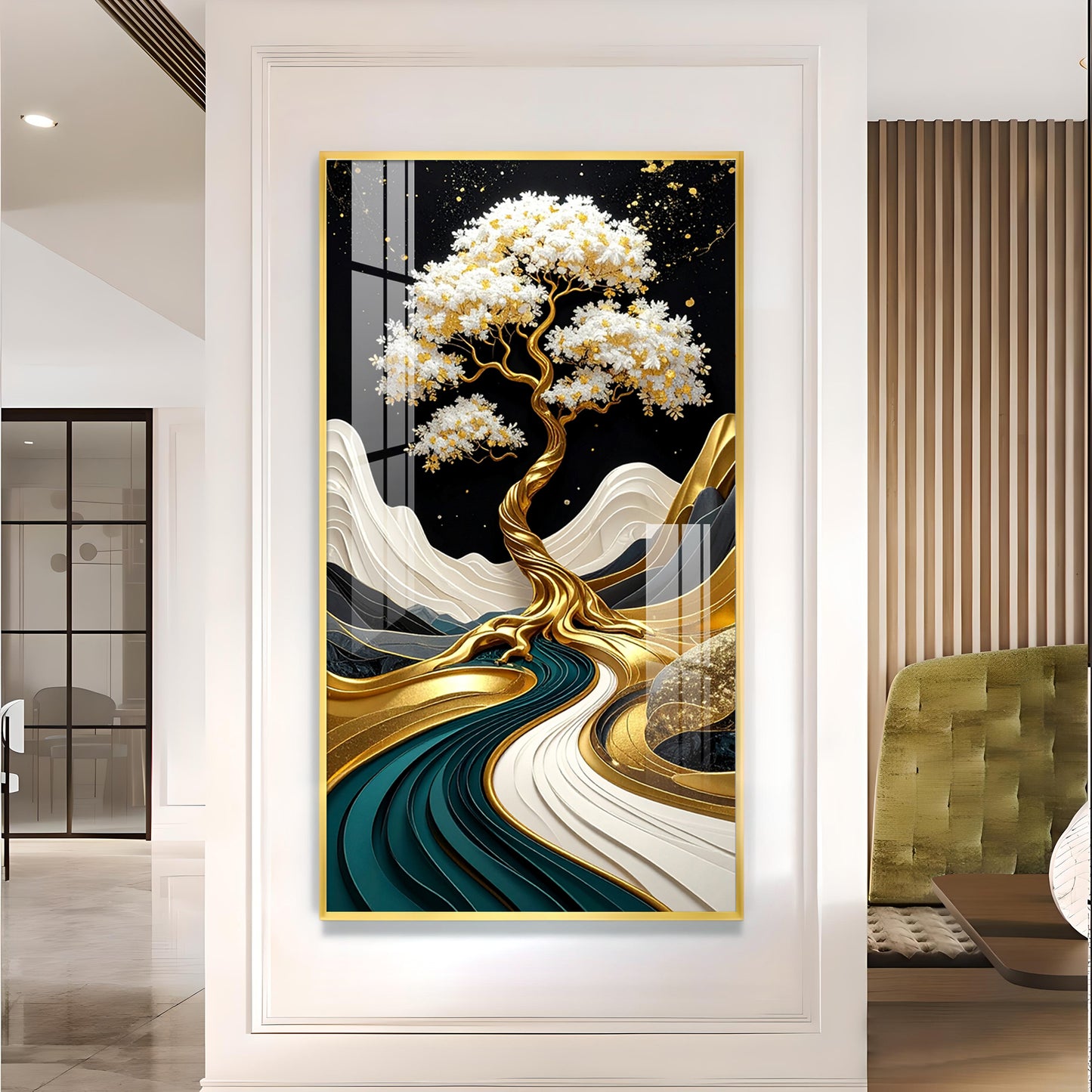 Golden Serenity Tree Glass Finish Vertical Wall Art
