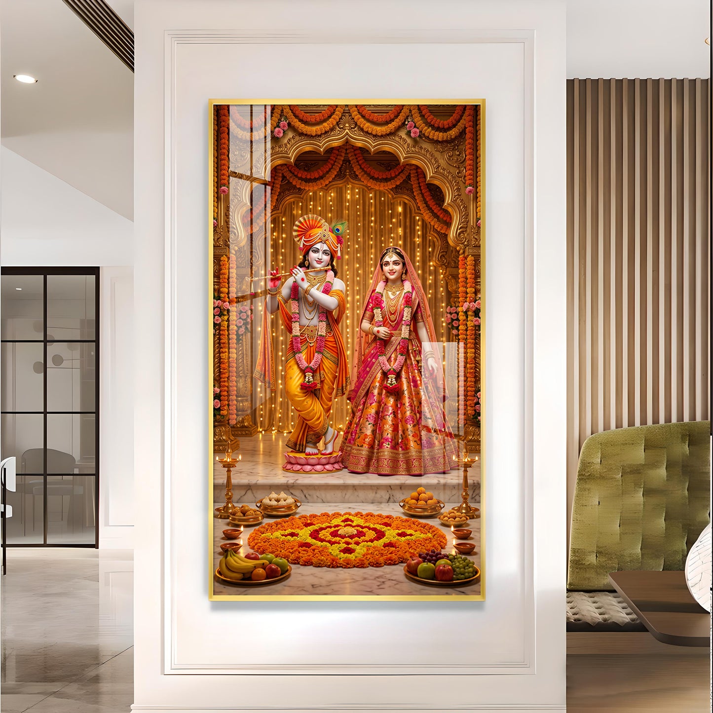 Decorative Radha Krishna Glass Finish Vertical Wall Art