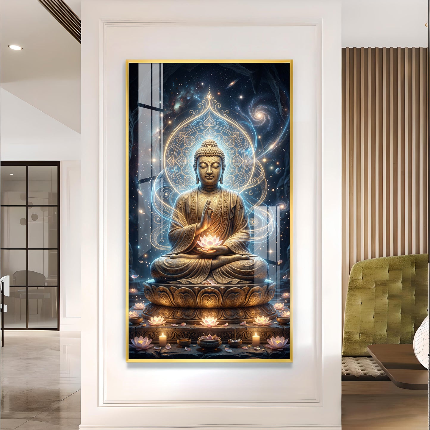 Meditating Buddha Glass Finish Vertical Wall Art