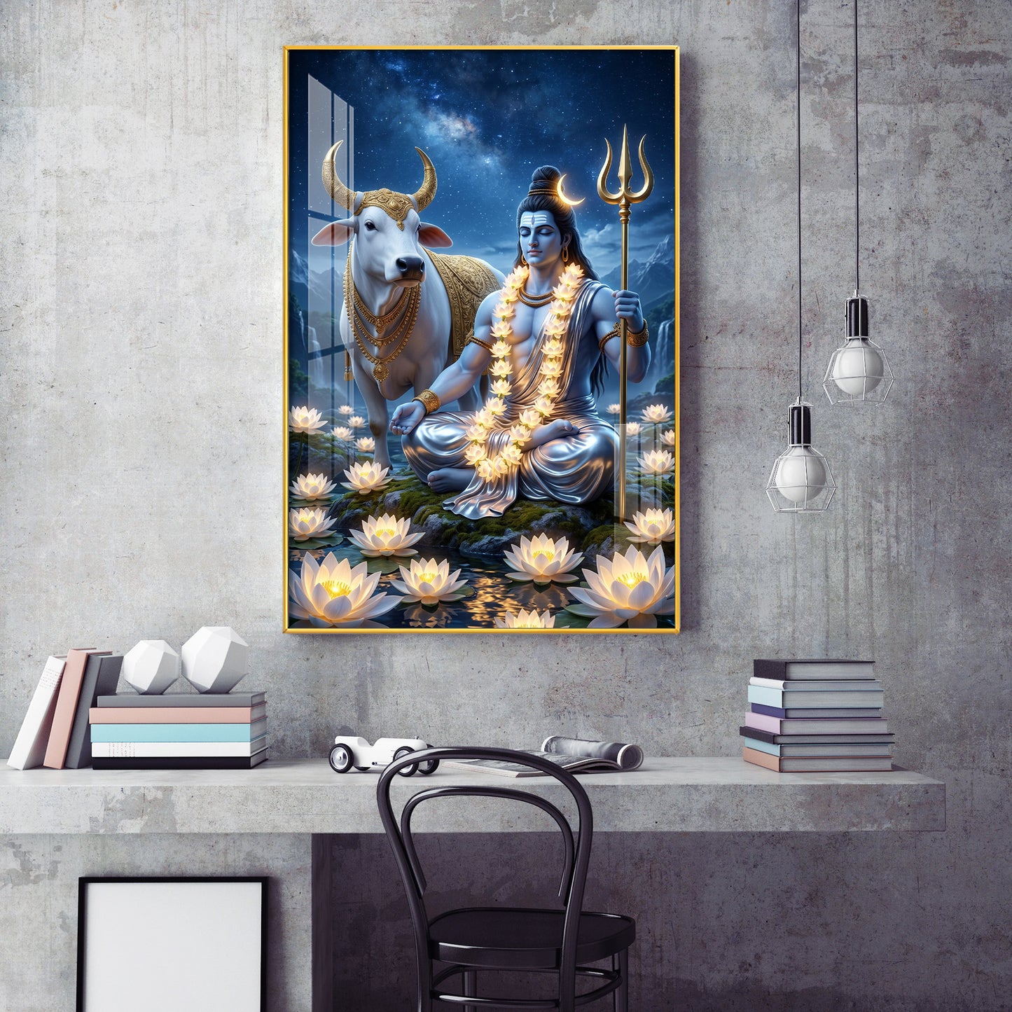 Lord Shiva Meditating Beside Nandi Glass Finish Vertical Wall Art