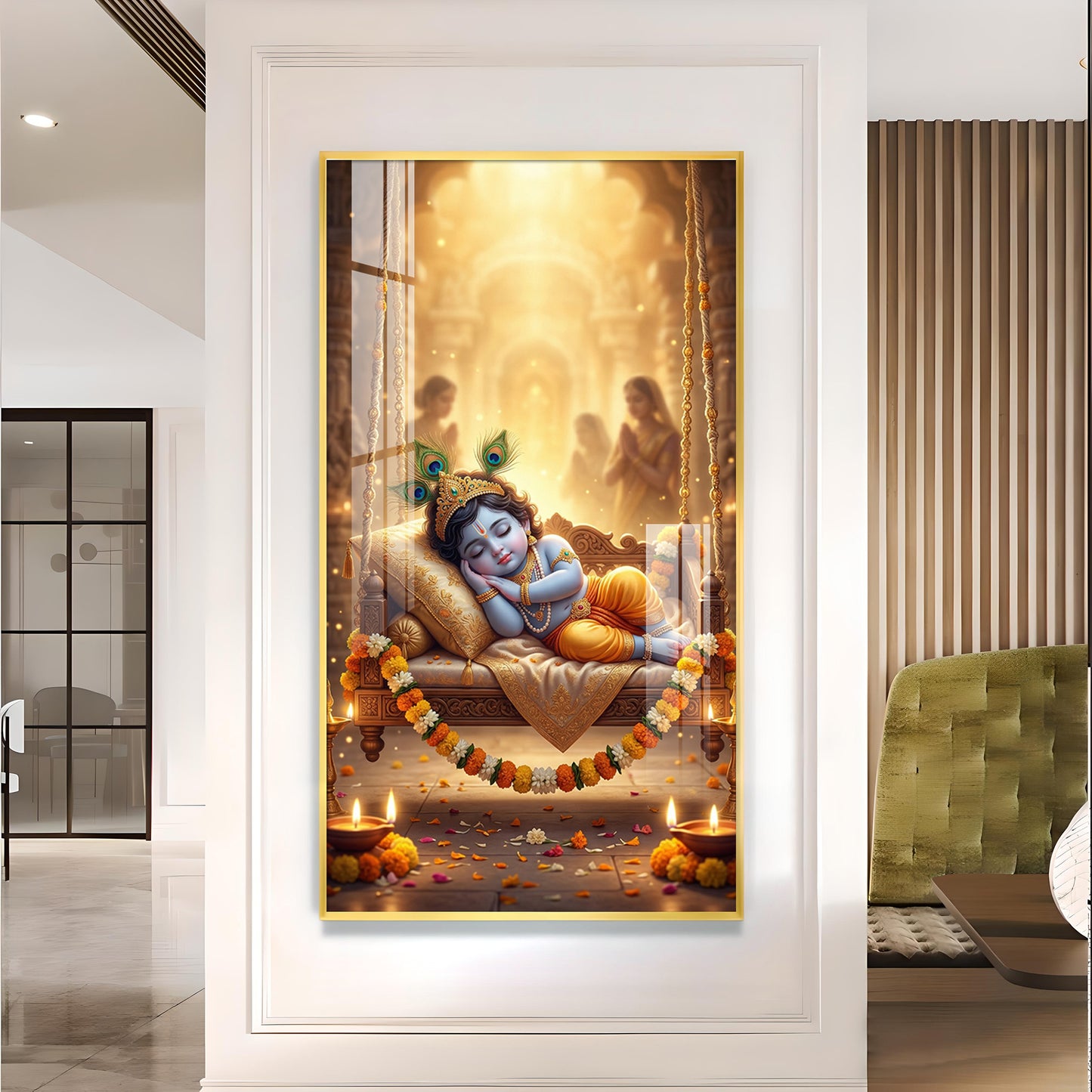 Sleeping Little Krishna Glass Finish Vertical Wall Art