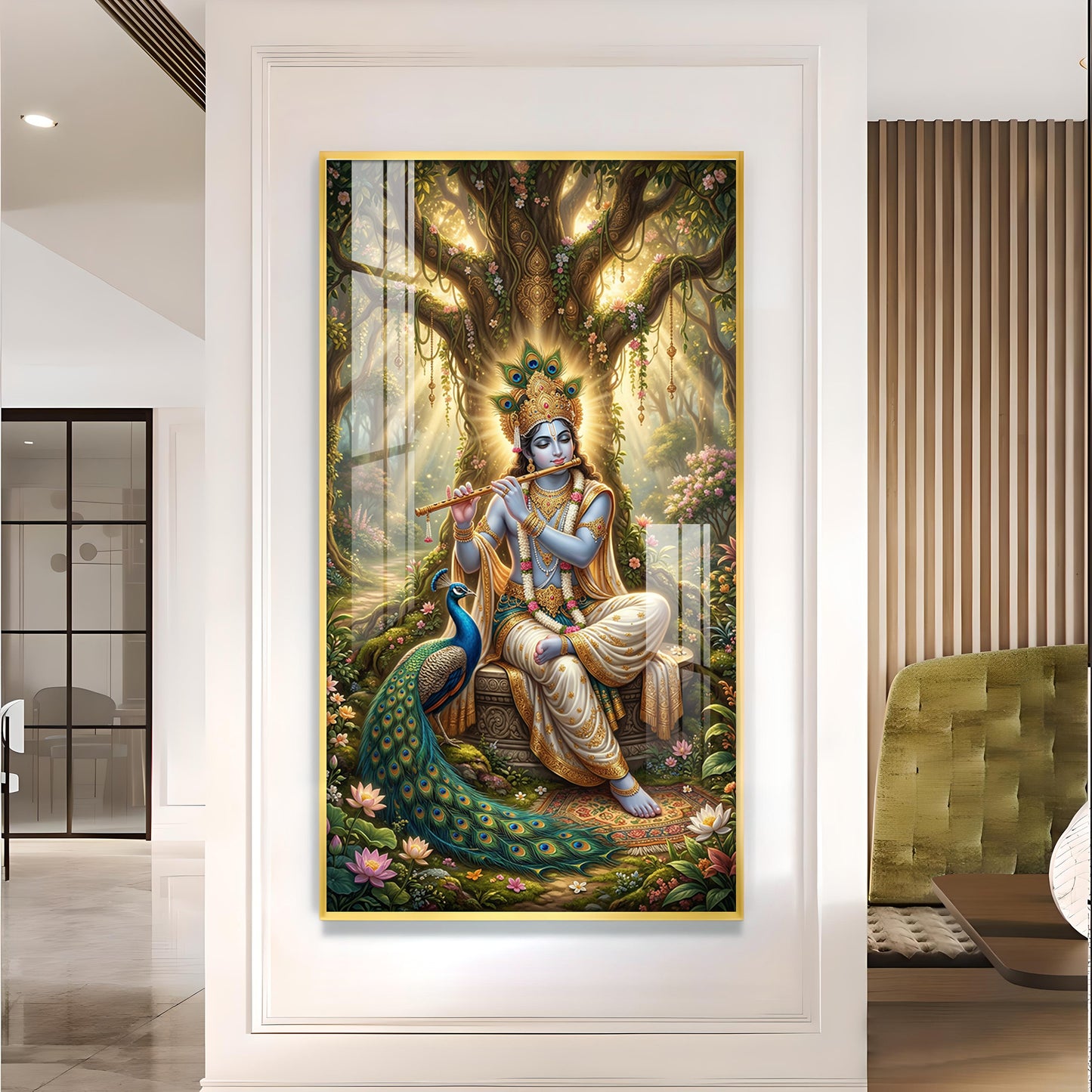 Divine Krishna Ji With Flute Glass Finish Vertical Wall Art