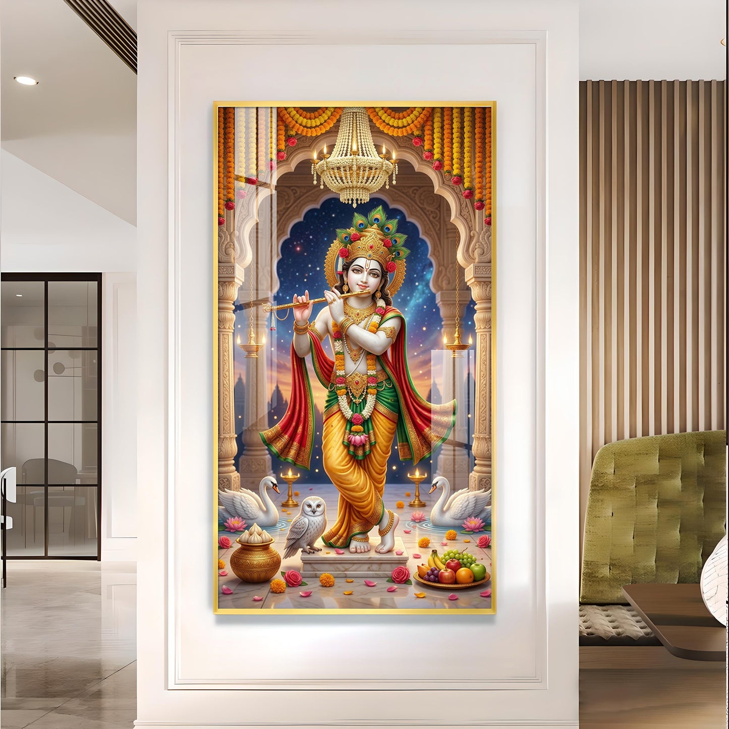 Divine Krishna With Flute Glass Finish Vertical Wall Art