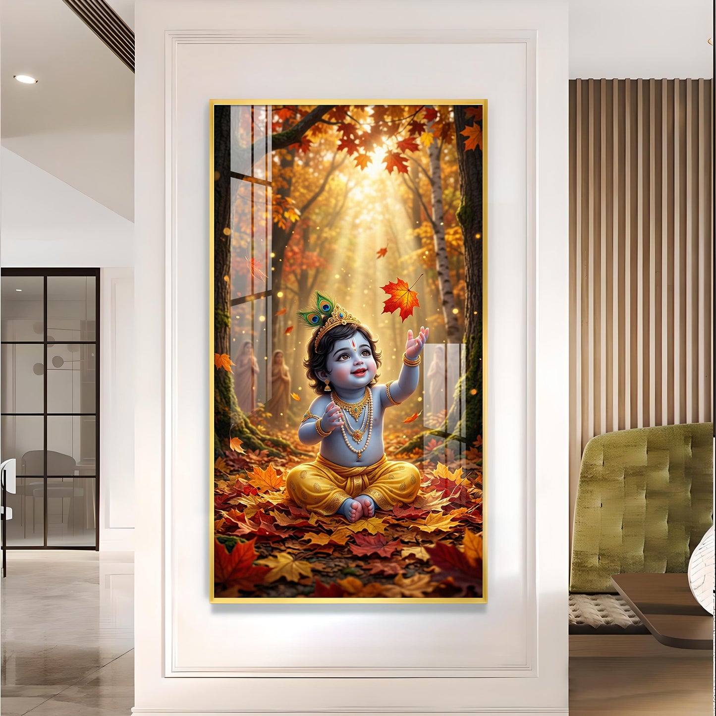 Lord Kanha In Forest Glass Finish Vertical Wall Art
