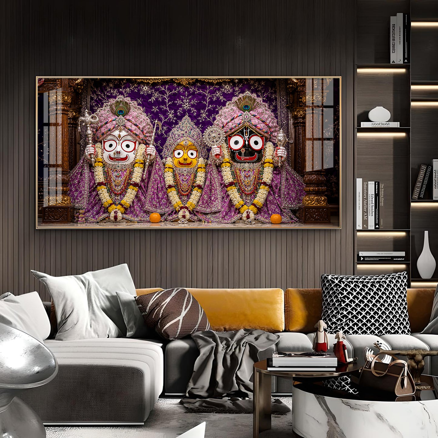 Hindu Deities Lord Jagannath, Subhadra, & Balabhadra Glass Finish Horizontal Wall Art