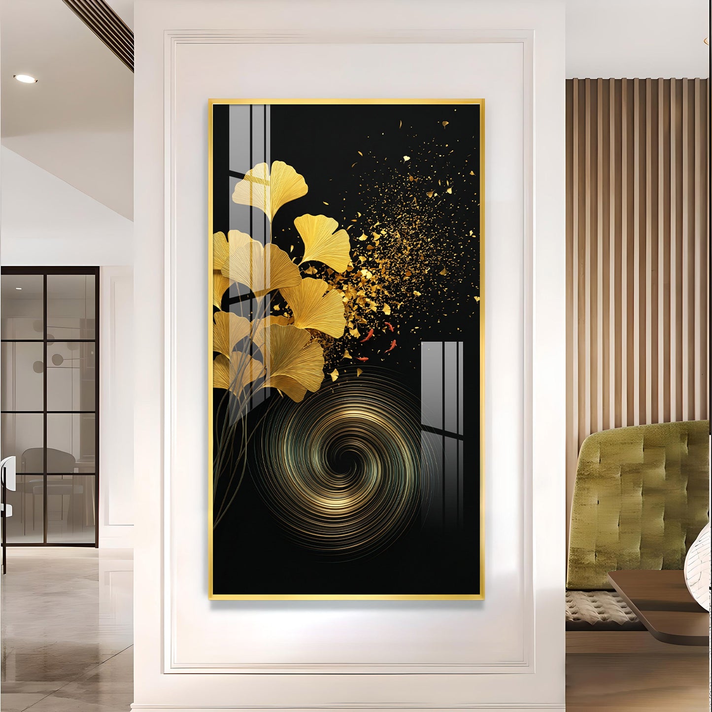 Gold Ginkgo Leaves Glass Finish Vertical Wall Art