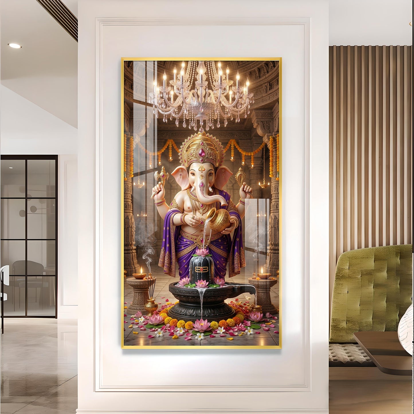 Lord Ganesh With Lord Shiv Glass Finish Vertical Wall Art