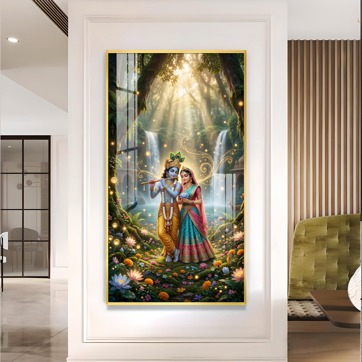 Beautiful Radha Krishna Divine Love Glass Finish Vertical Wall Art