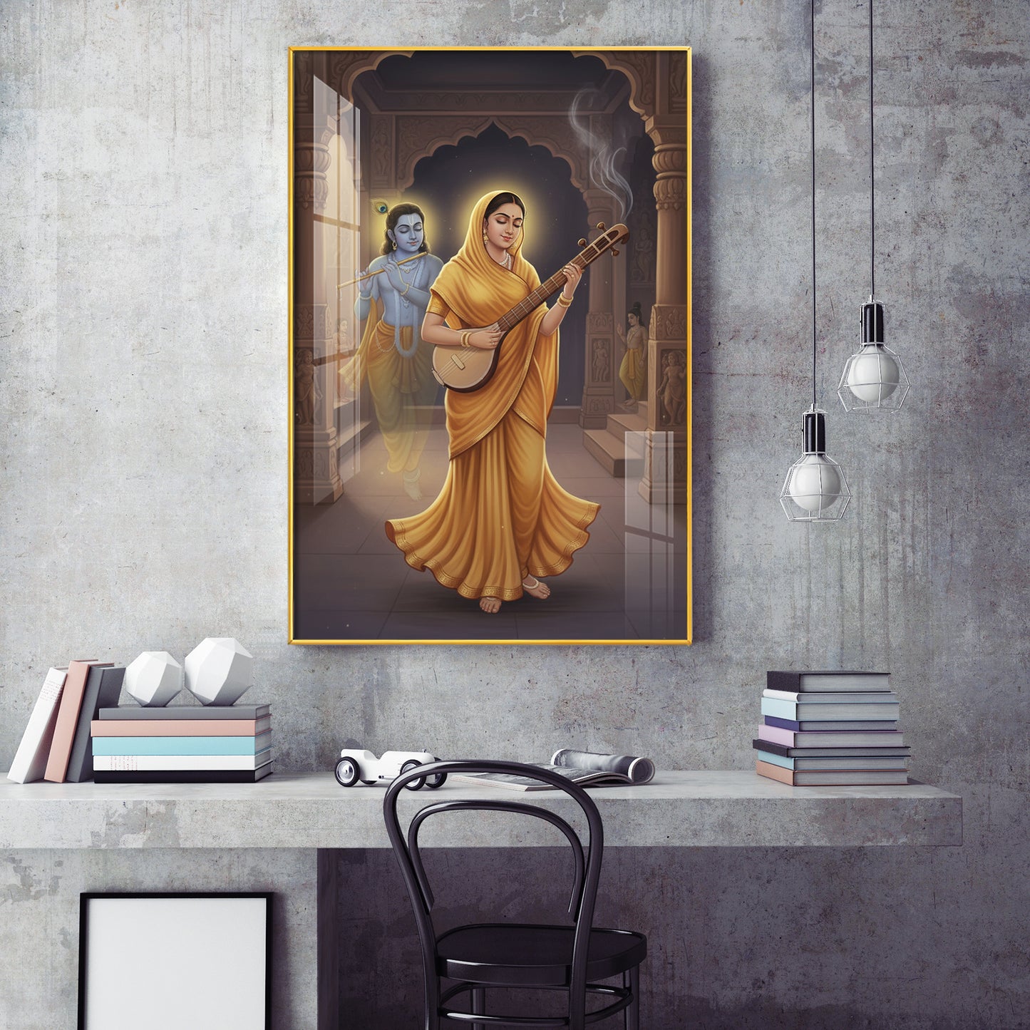 Meera Bai and Krishna Glass Finish Vertical Wall Art