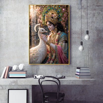 Shree Krishna With Peacock Glass Finish Vertical Wall Art
