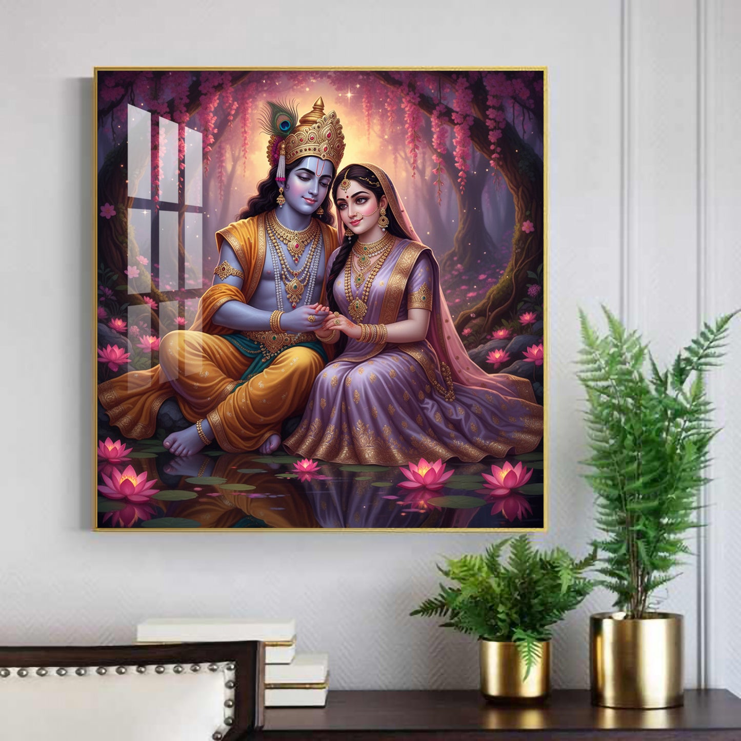 Loving Beautiful Radha Krishna Glass Finish Square Wall Art