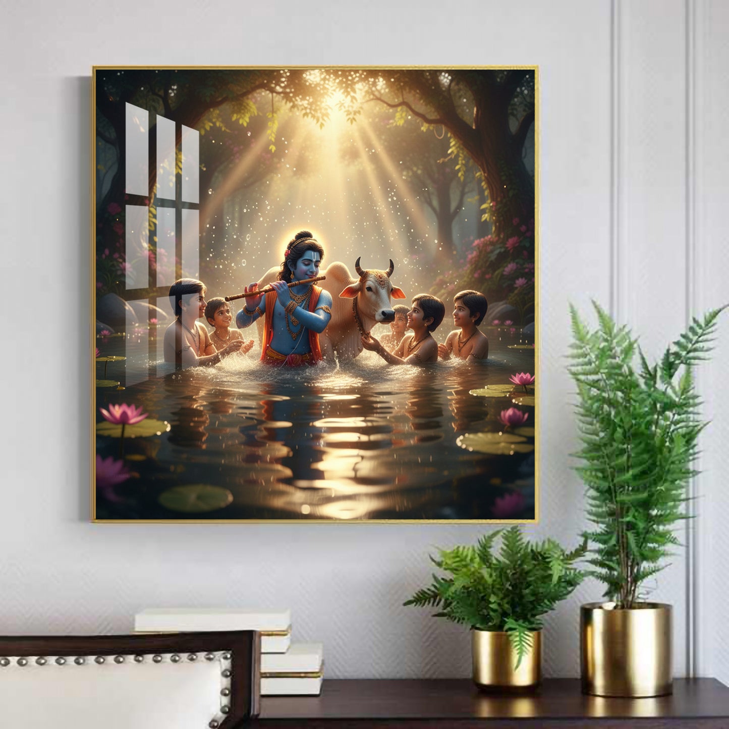 Little Krishna With Sakha Glass Finish Square Wall Art