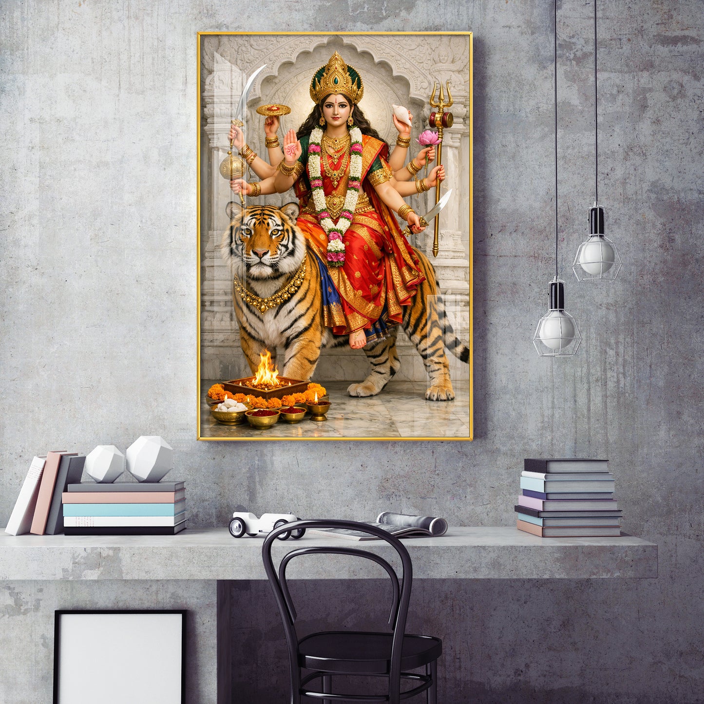 Maa Durga Seated On Tiger Glass Finish Vertical Wall Art