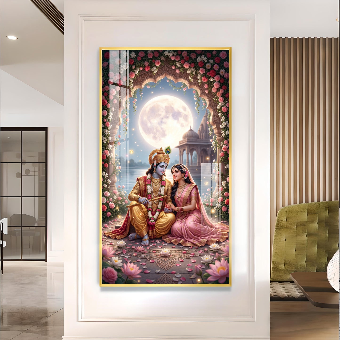 Religious Shri Radhe Krishna Glass Finish Vertical Wall Art