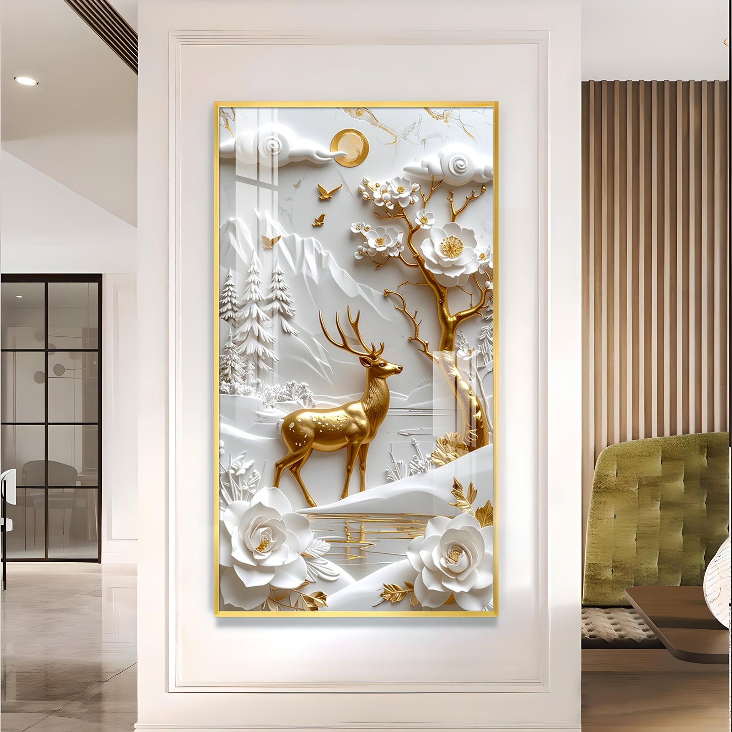 Floral Fawn Delight Glass Finish Vertical Wall Art